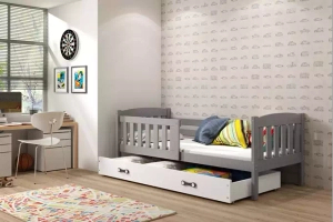 Jacquot 90x190 pat single pentru adolescenți cu saltea și sertar, gri/alb