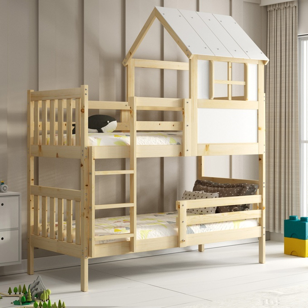 Pat bunkhouse cu baldachin - Kacper din lemn natural 90x190 cu saltea