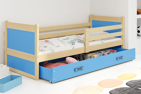 Pat single junior RICO 80X190 cu saltea și sertar, pin/albastru