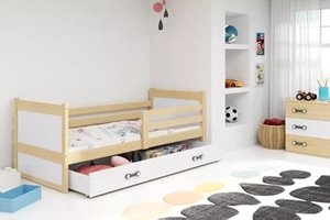 Pat single junior RICO 90X200 cu saltea și sertar, pin/alb