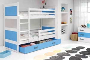 Pat supraetajat pentru tineret RICO 90X200 cu sertar, alb/albastru