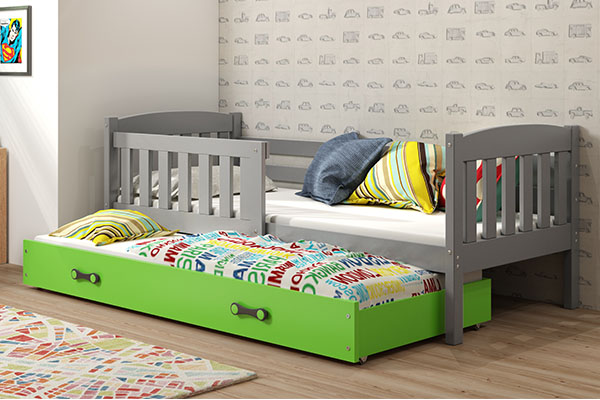 KUBUŚ 90X200 pat extensibil pentru tineri cu saltea și sertar, grafit/verde