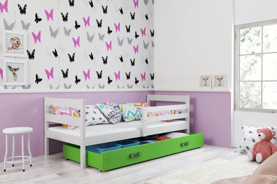 Patul ERYK 90X200 pentru tineri cu sertar, alb/verde
