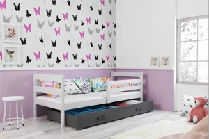 Éric pat single pentru adolescenți 90x190 cu saltea și sertar, alb/gri
