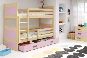 Pat supraetajat Rico 90x190 cu saltea și sertar, pin/roz
