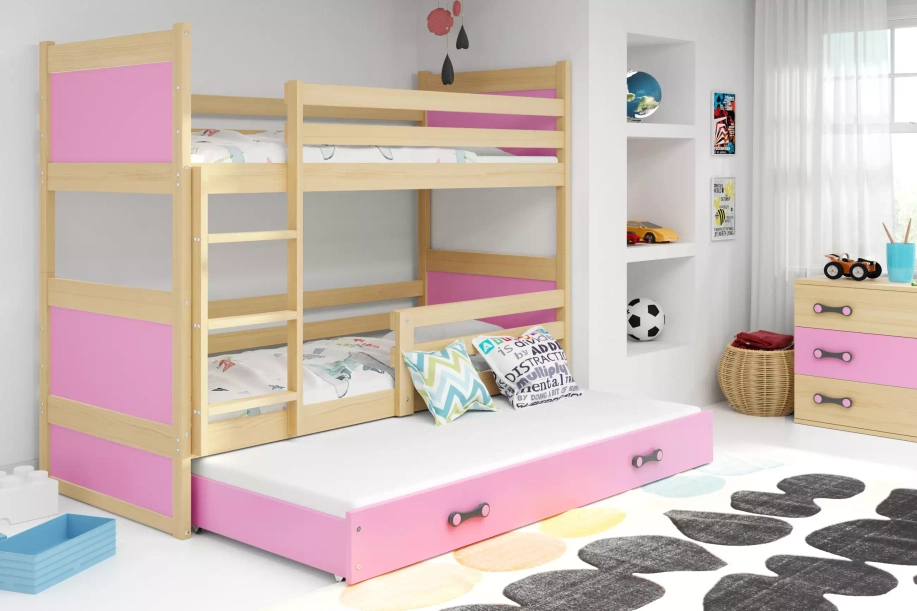 Pat junior pentru trei persoane RICO 90X200 cu sertar, pin/roz