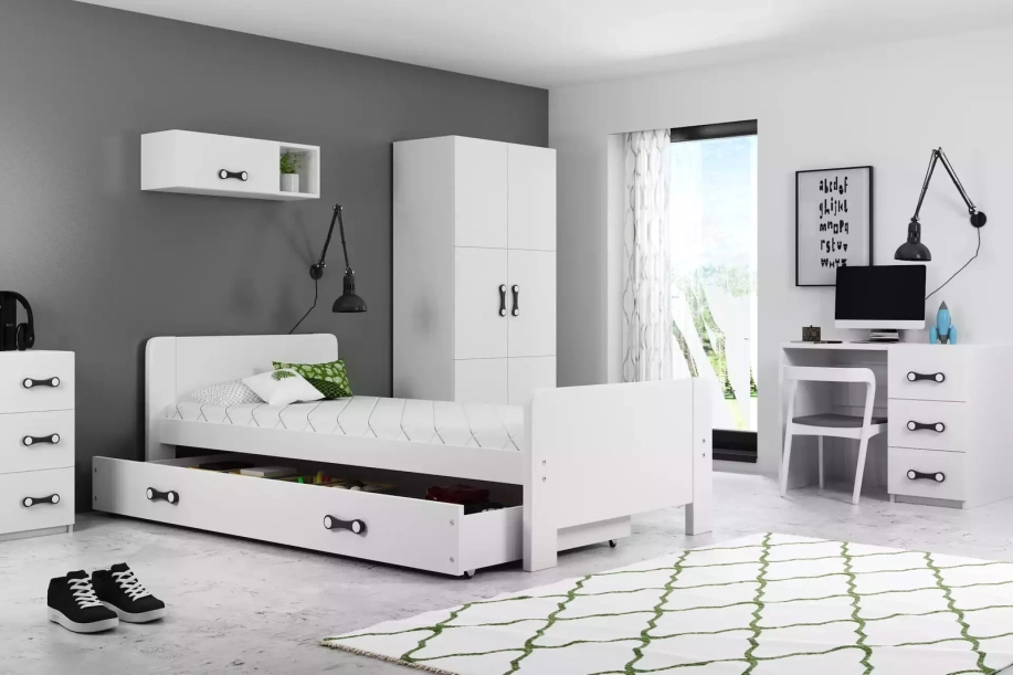 Pat single junior DAREK 80X200 cu saltea și sertar, alb