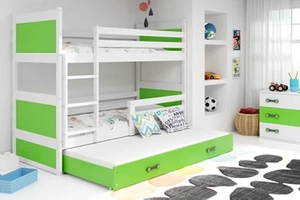 Pat junior pentru trei persoane RICO 90X200 cu saltea și sertar, alb/verde