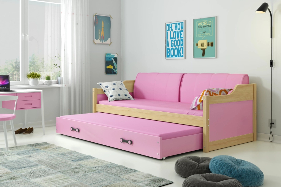 Pat extensibil pentru tineri DAWID 90X200 cu saltea și sertar, pin/roz