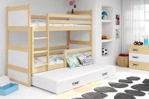 Pat junior pentru trei persoane RICO 90X200 cu saltea și sertar, pin/alb