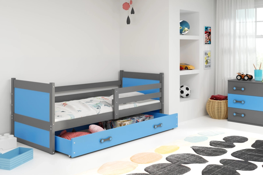 Pat single pentru tineri RICO 90X200 cu saltea și sertar, grafit/albastru