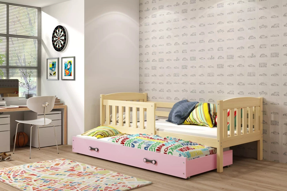 Pat extensibil pentru tineri KUBUŚ 80X190 cu sertar, pin/roz