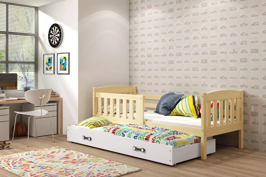 Pat extensibil pentru tineri KUBUŚ 90X200 cu sertar, pin/alb