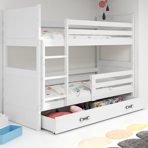Pat supraetajat pentru tineri RICO 90X200 cu saltea și sertar, alb