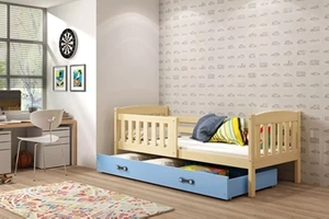 KUBUŚ 90X200 pat single pentru tineri cu saltea și sertar, pin/albastru