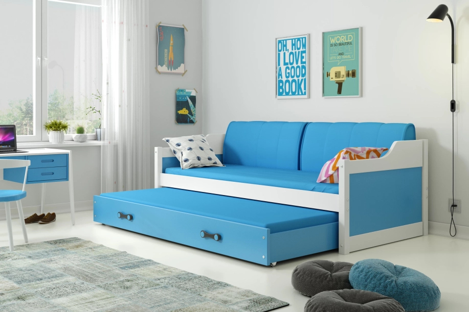 Pat extensibil pentru tineri DAWID 90X200 cu saltea și sertar, alb/albastru
