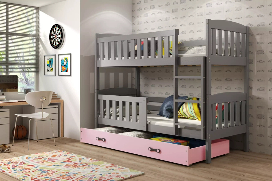 Pat supraetajat KUBUŚ 90X190 cu sertar, grafit/pink