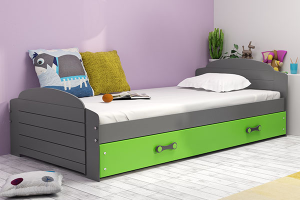 Pat single pentru tineri LILI 90X200 cu saltea și sertar, grafit/verde