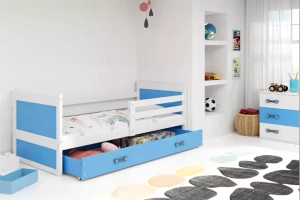 Rico pat single pentru adolescenți 90x190 cu saltea și sertar, alb/albastru
