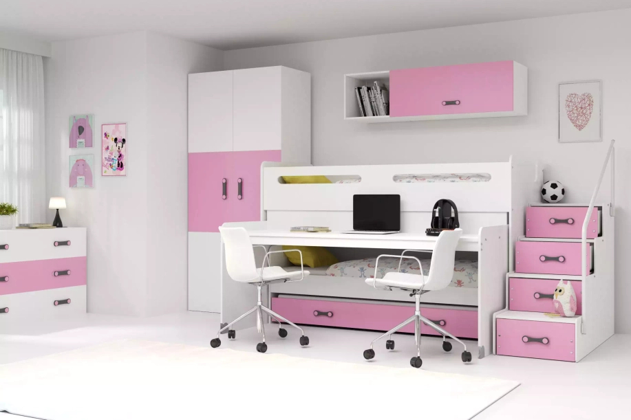 MAX 1 80X200 pat triplu pentru tineri cu birou, roz