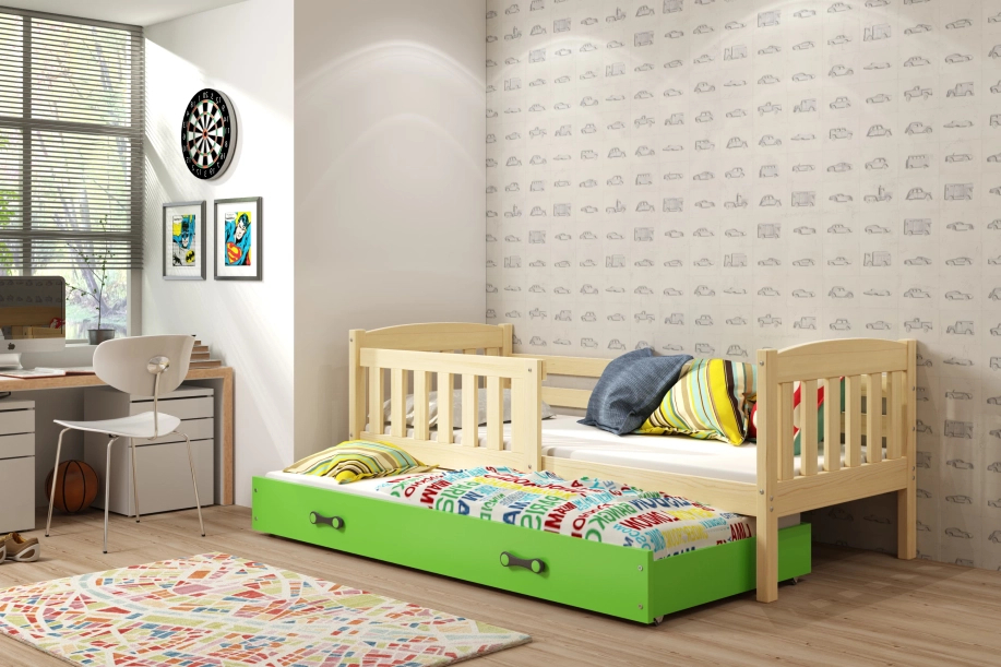 Pat extensibil pentru tineri KUBUŚ 80X190 cu sertar, pin/verde