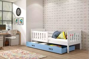 Jacquot 90x190 pat single pentru adolescenți cu saltea și sertar, alb/albastru