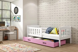 KUBUŚ 90X200 pat single pentru tineri cu saltea și sertar, alb/roz