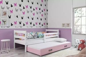 Éric 90x190 pat extensibil pentru adolescenți cu sertar, alb/roz