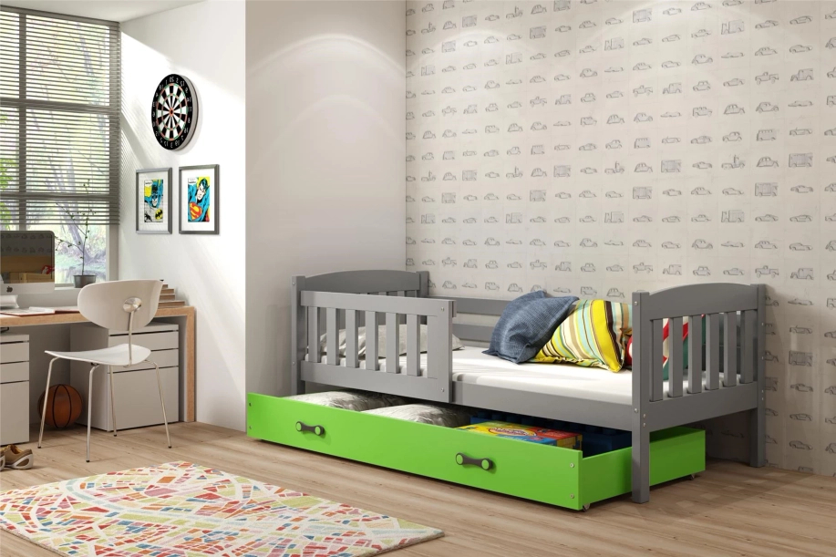 Jacquot 90x190 pat single pentru adolescenți cu saltea și sertar, gri/verde