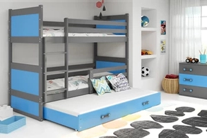 Pat de tineret cu trei baldachine RICO 90X200 cu saltea și sertar, grafit/albastru