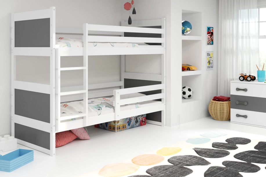 Pat supraetajat pentru tineri RICO 90X200 cu saltea, alb/grafit