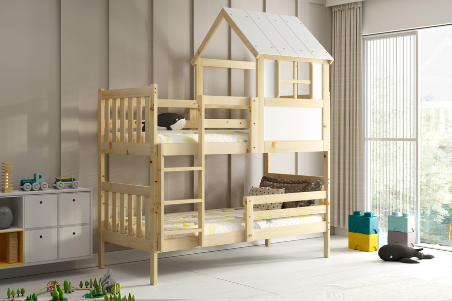 Pat supraetajat căsuță cu acoperiș – Kacper din lemn natural 90x190