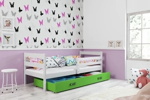 Patul ERYK 80X190 pentru tineri cu saltea și sertar, alb/verde