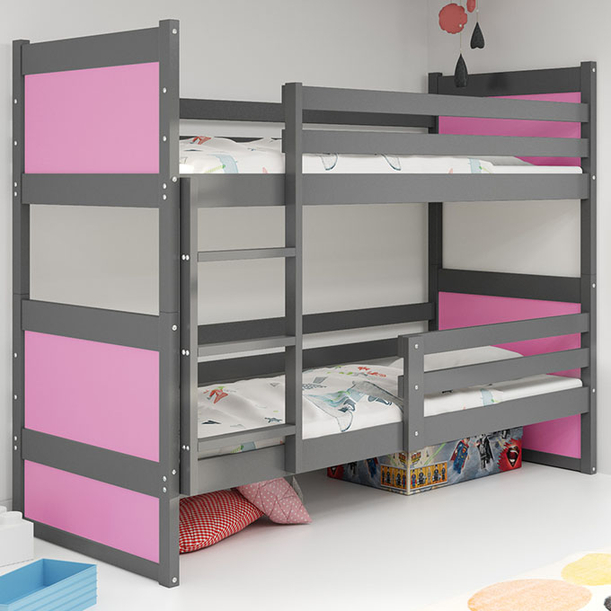 Pat supraetajat pentru tineri RICO 90X200 cu saltea, grafit/roz