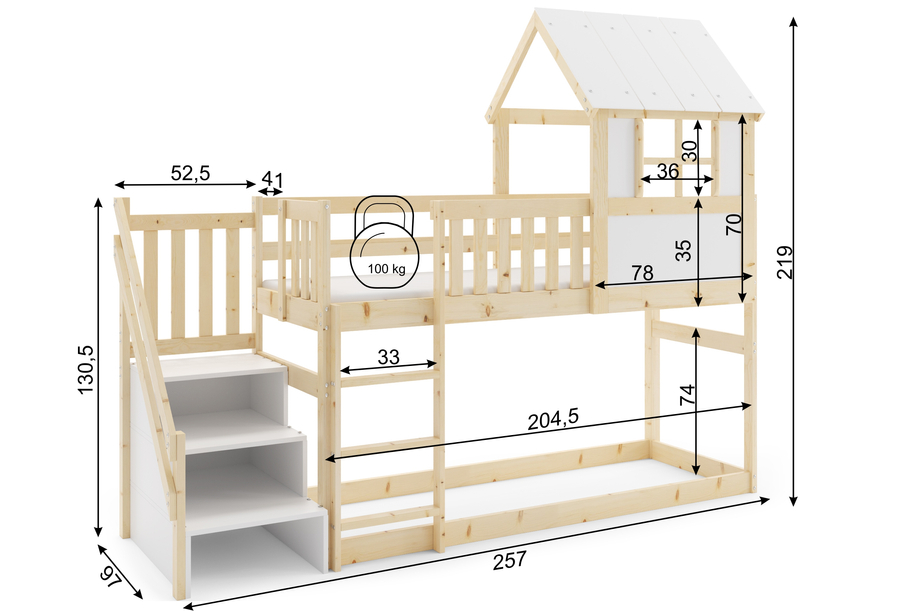 Pat supraetajat tip căsuță cu scări și acoperiș – mezanin din lemn natural 90x200