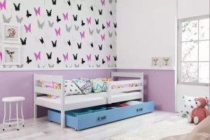 Éric pat single pentru adolescenți 90x190 cu saltea și sertar, alb/albastru