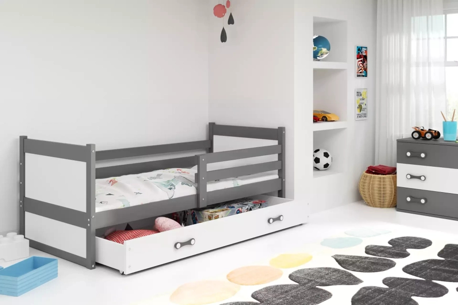 Rico pat single pentru adolescenți 90x190 cu saltea și sertar, gri/alb