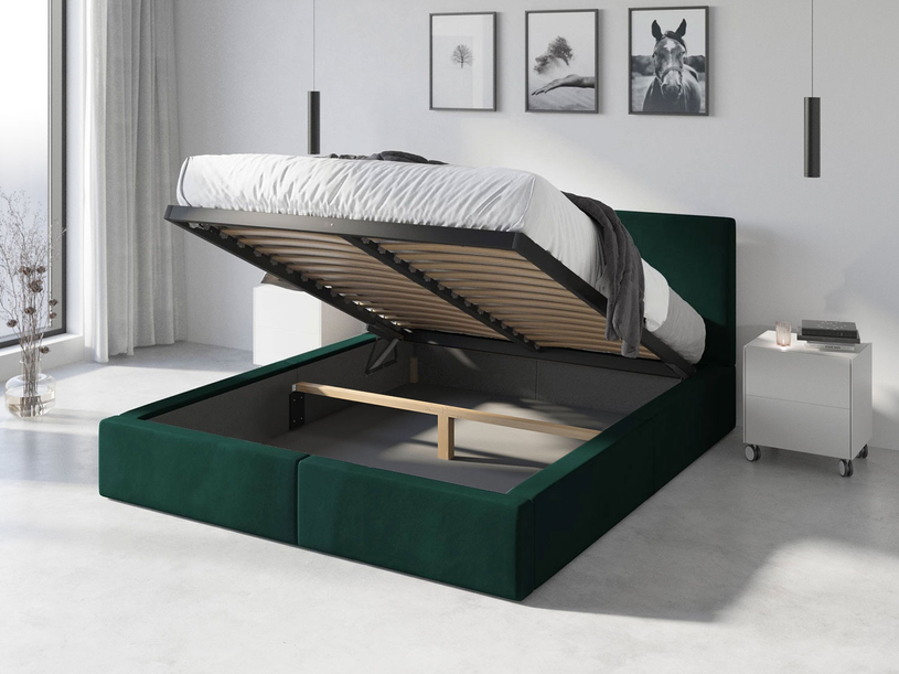 Pat tapițat pentru dormitor HILTON 120X200 cu cutie de depozitare, verde
