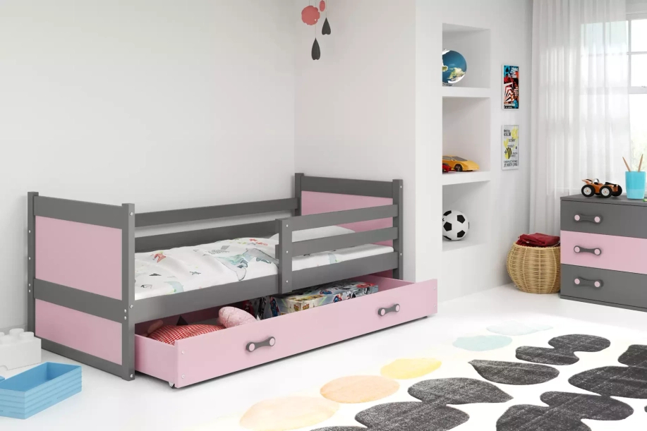 Rico pat single pentru adolescenți 90x190 cu saltea și sertar, gri/roz