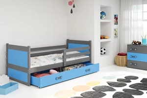 Pat single pentru tineri RICO 90X200 cu saltea și sertar, grafit/albastru