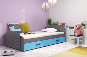 Pat single pentru tineri LILI 90X200 cu saltea și sertar, grafit/albastru