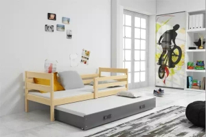 Éric 90x190 pat extensibil pentru adolescenți cu saltea și sertar, pin/gri