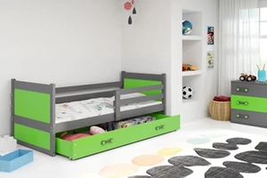 Pat single pentru tineri RICO 90X200 cu saltea și sertar, grafit/verde
