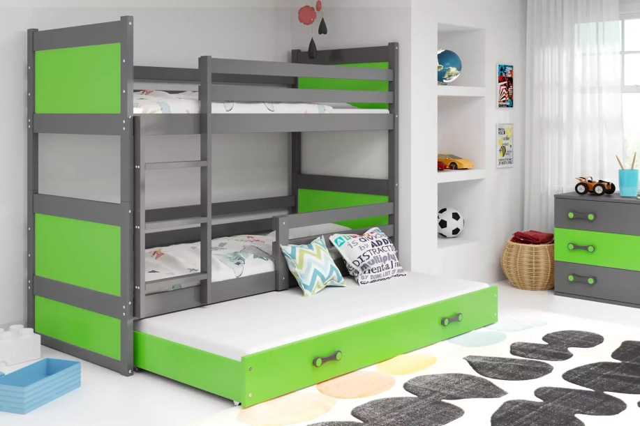 Pat supraetajat pentru adolescenți Rico cu 3 locuri 90x190 cu sertar, gri/verde