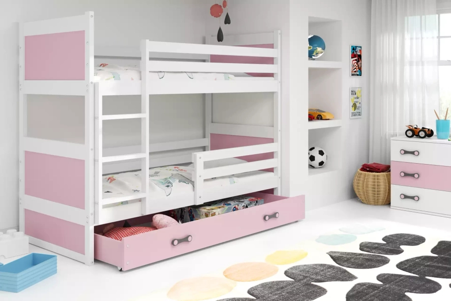 PAT SUPRAETAJAT PENTRU ADOLESCENȚI RICO CADRU ALB PANOURI ROZ SERTAR ROZ FĂRĂ SALTEA 90 X 190