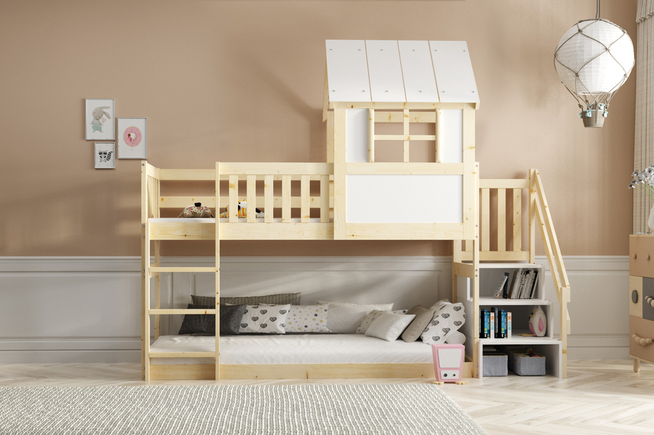Pat supraetajat tip căsuță cu scări și acoperiș – mezanin din lemn natural 90x200