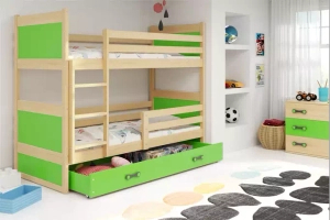 Pat supraetajat Rico 90x190 cu saltea și sertar, pin/verde