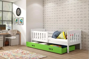 Jacquot 90x190 pat single pentru adolescenți cu saltea și sertar, alb/verde