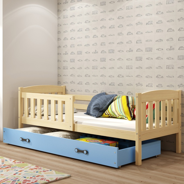 KUBUŚ 90X200 pat single pentru tineri cu saltea și sertar, pin/albastru