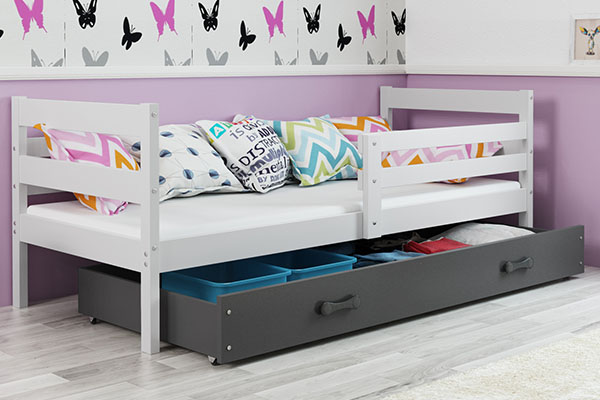 Patul ERYK 90X200 cu sertar, alb/grafit
